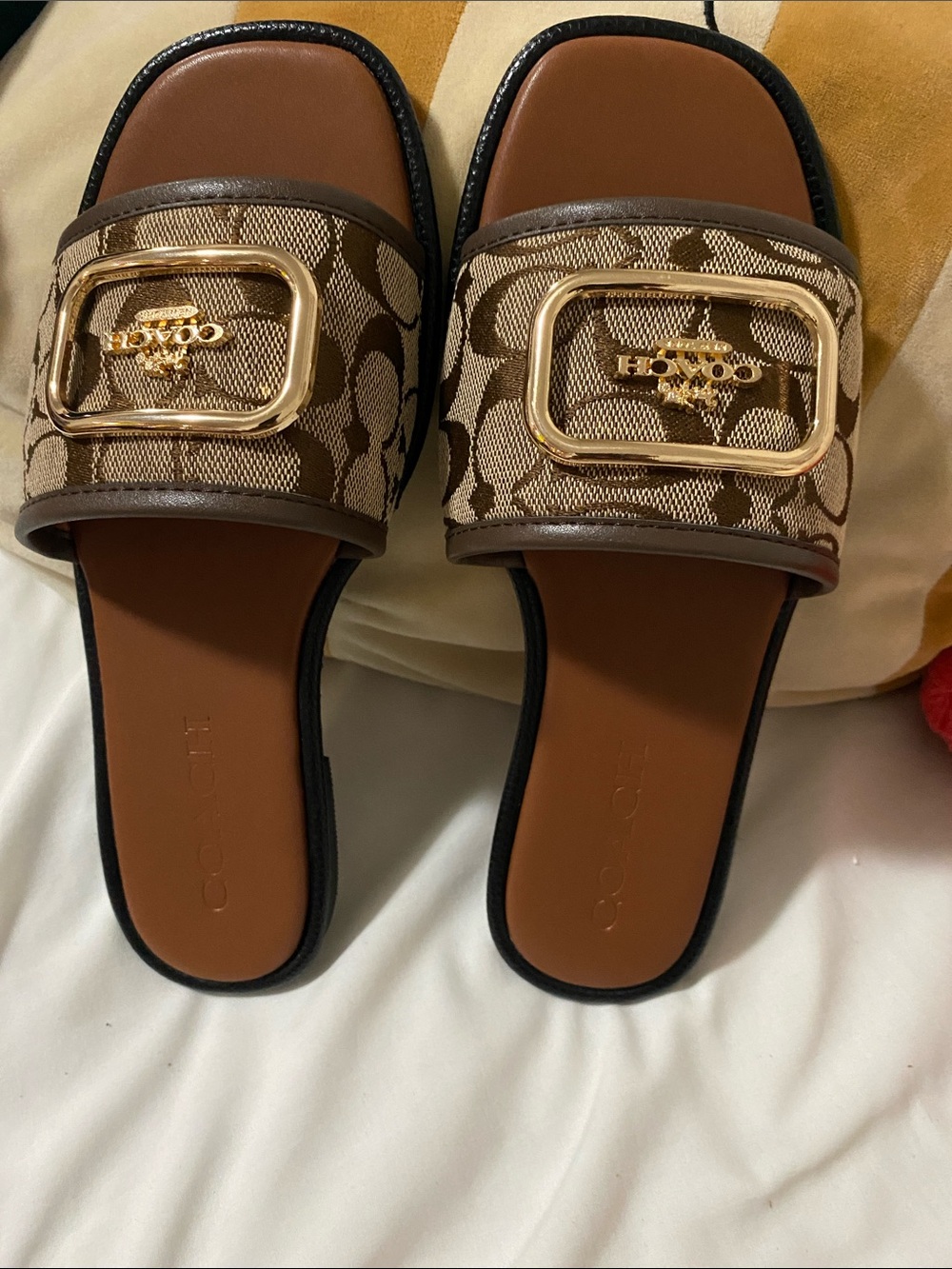 Coach Tan/Brown Signature Logo Slide Sandals with Gold Buckle